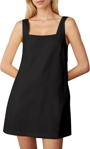 Summer Sleeveless Cotton Linen Mini Dress for Women Casual Square Neck Backless Short Dress Solid Tank Shift Dresses