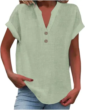 Summer Tops for Women 2025 Trendy Short Sleeve Cotton Linen Shirts Lightweight Casual Button V Neck Blouse Loose Tops