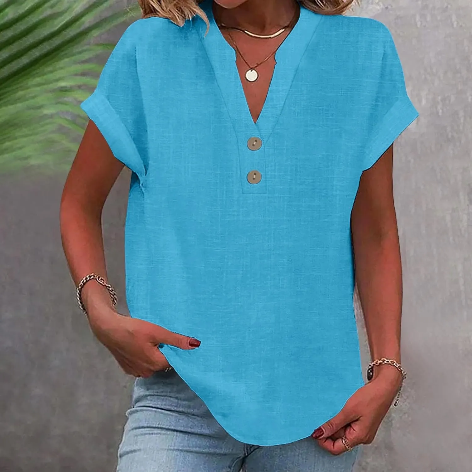 Summer Tops for Women 2025 Trendy Short Sleeve Cotton Linen Shirts Lightweight Casual Button V Neck Blouse Loose Tops