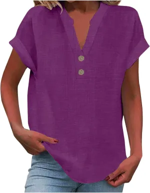 Summer Tops for Women 2025 Trendy Short Sleeve Cotton Linen Shirts Lightweight Casual Button V Neck Blouse Loose Tops