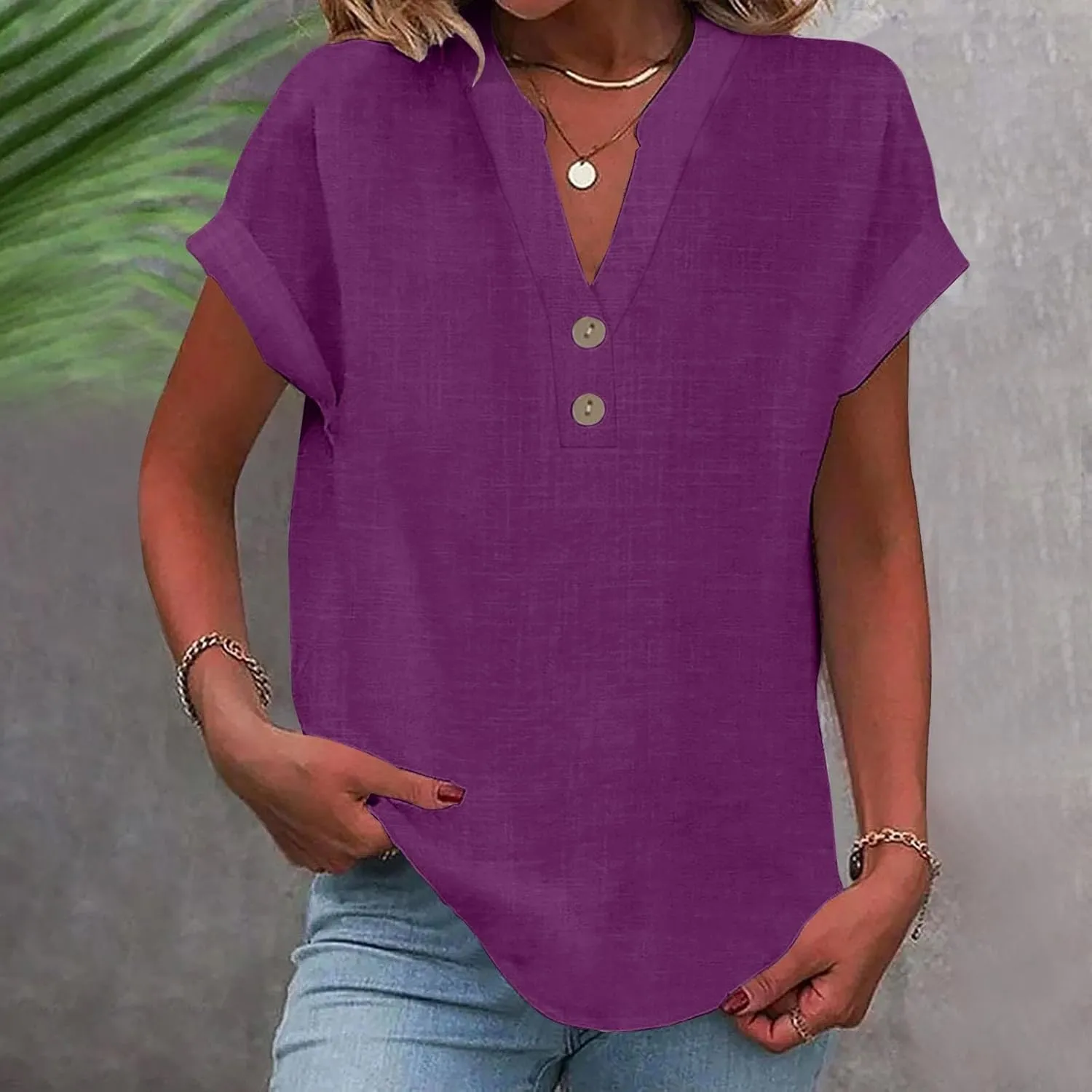 Summer Tops for Women 2025 Trendy Short Sleeve Cotton Linen Shirts Lightweight Casual Button V Neck Blouse Loose Tops