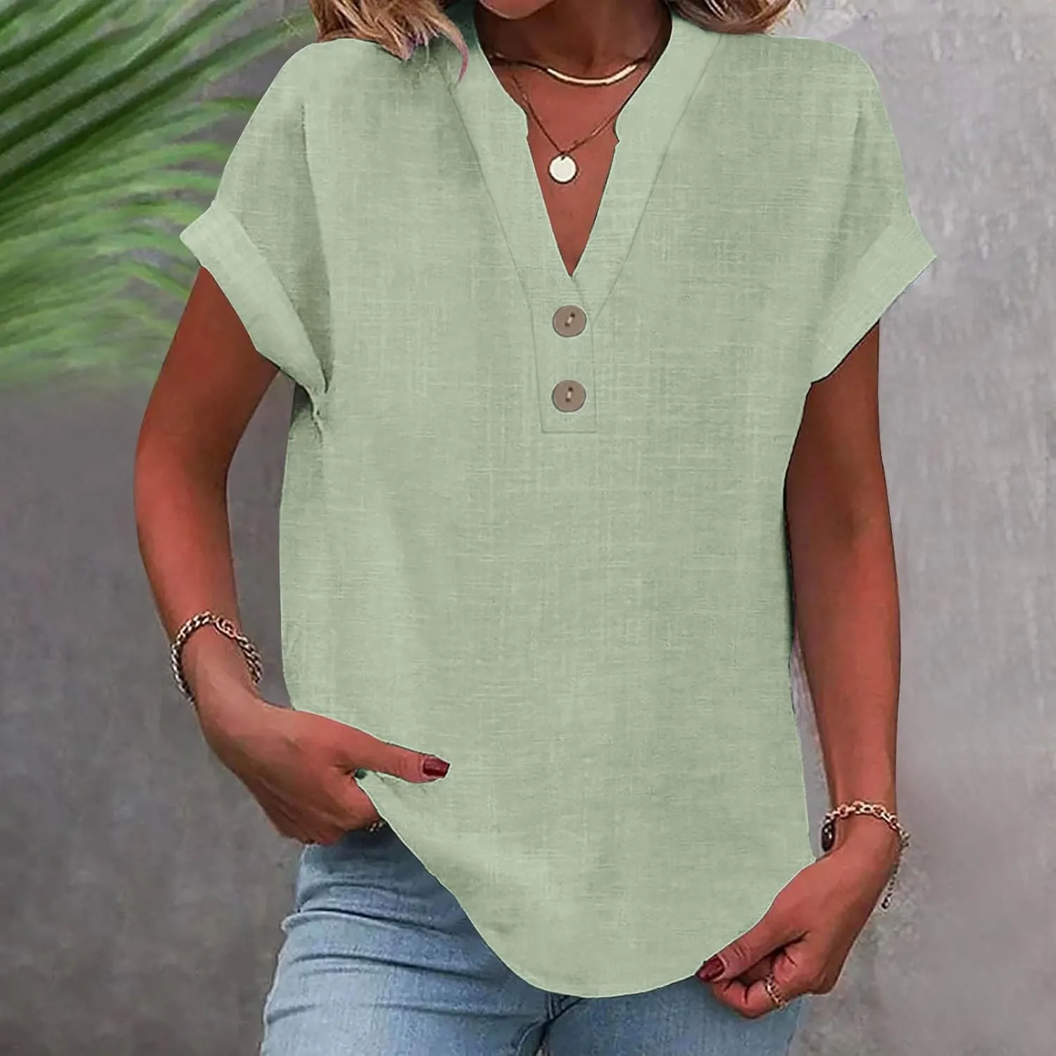 Summer Tops for Women 2025 Trendy Short Sleeve Cotton Linen Shirts Lightweight Casual Button V Neck Blouse Loose Tops