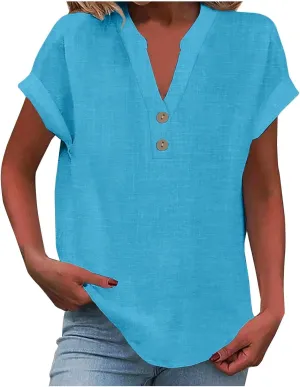 Summer Tops for Women 2025 Trendy Short Sleeve Cotton Linen Shirts Lightweight Casual Button V Neck Blouse Loose Tops
