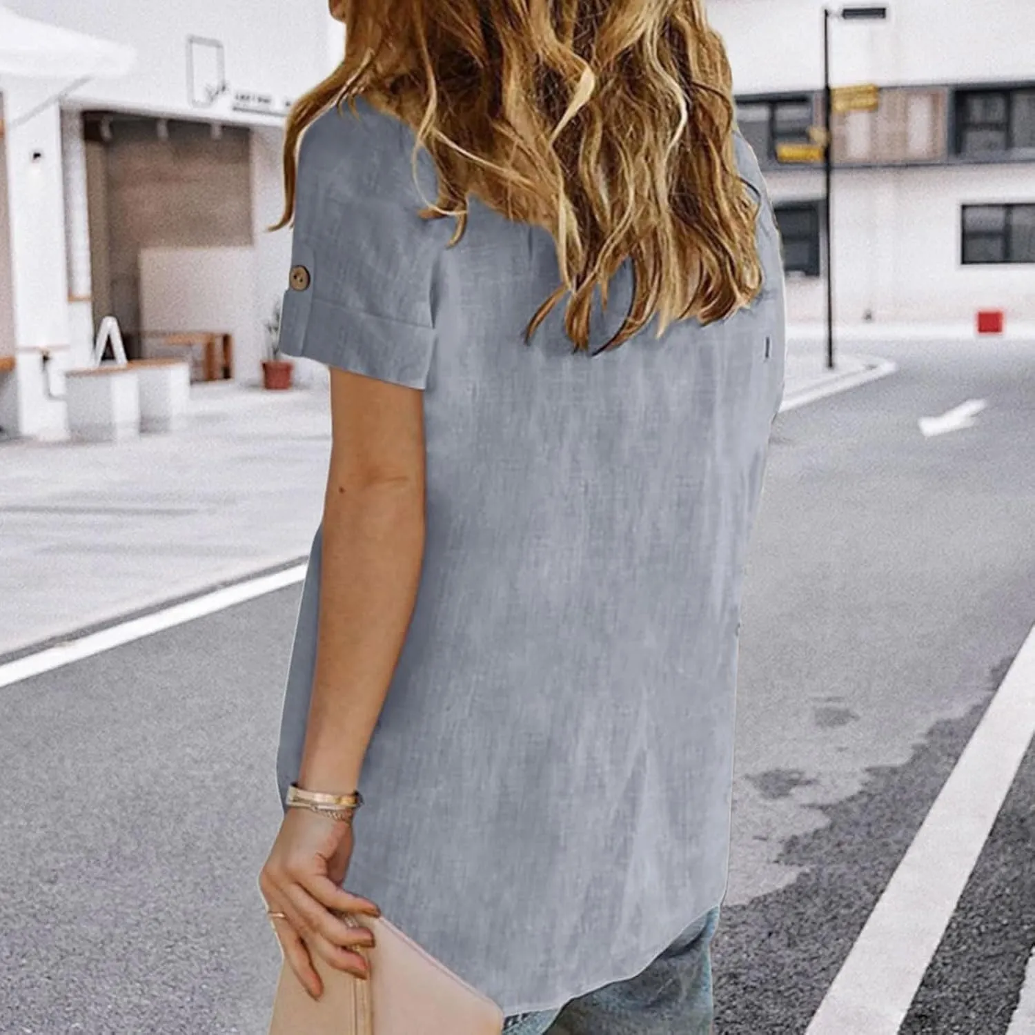 Summer Tops for Women Casual Button Down Linen Tops Fashion V Neck Short Sleeve Shirts Loose Fit Office Work Tees Shirt