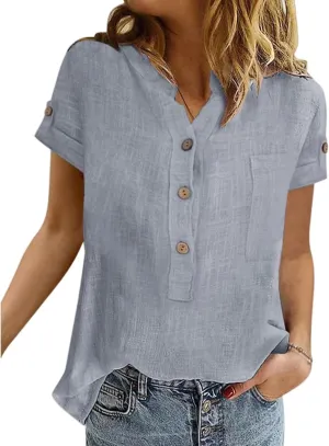 Summer Tops for Women Casual Button Down Linen Tops Fashion V Neck Short Sleeve Shirts Loose Fit Office Work Tees Shirt