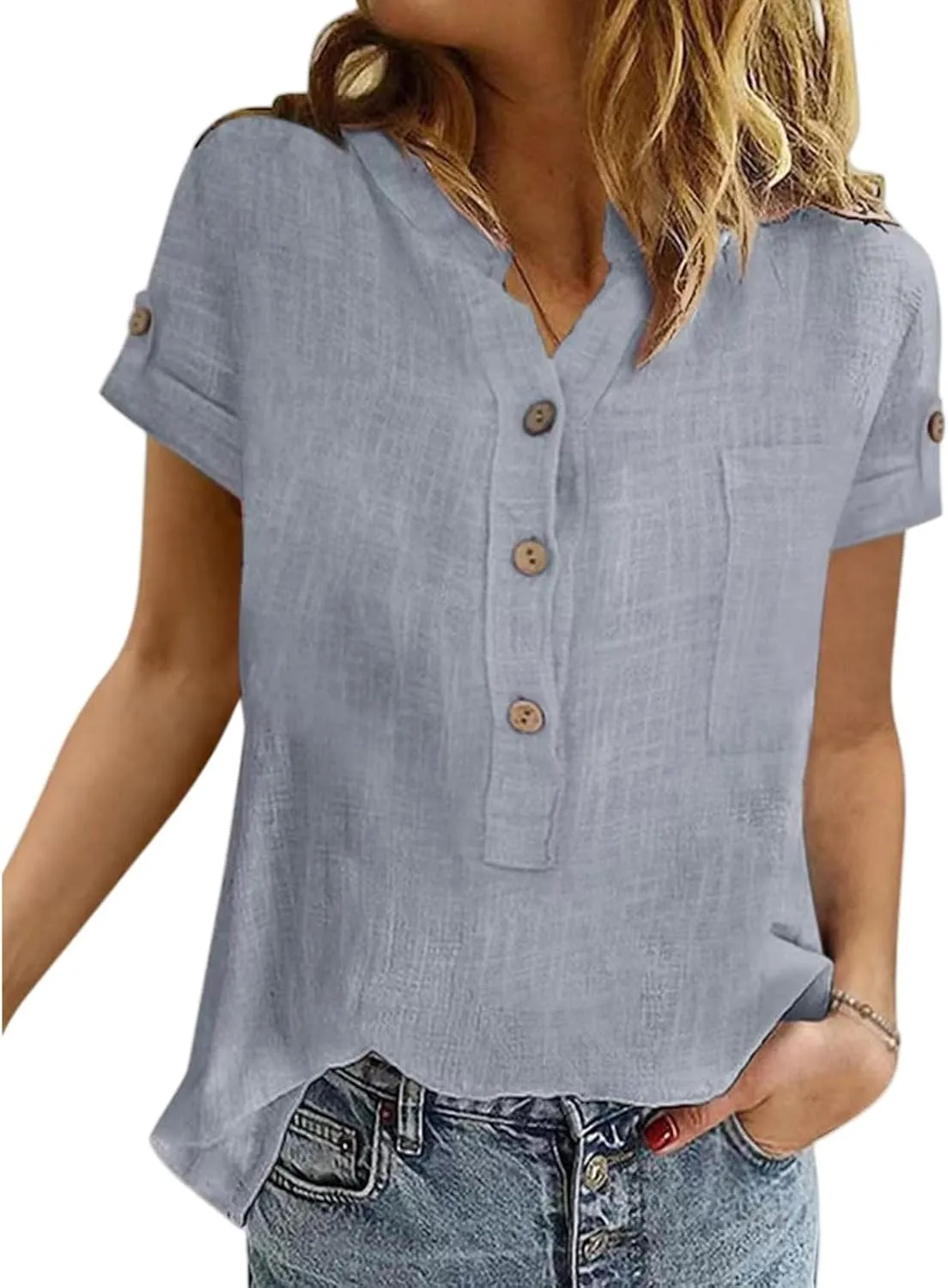 Summer Tops for Women Casual Button Down Linen Tops Fashion V Neck Short Sleeve Shirts Loose Fit Office Work Tees Shirt