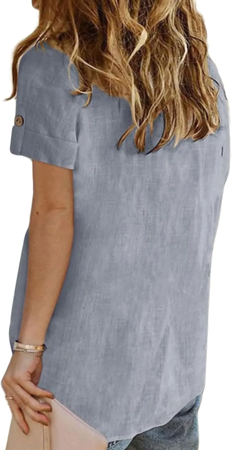 Summer Tops for Women Casual Button Down Linen Tops Fashion V Neck Short Sleeve Shirts Loose Fit Office Work Tees Shirt