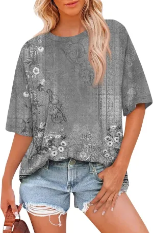Summer Tops for Women Short Sleeve Crewneck Oversized T Shirts Trendy Solid/Flower Printed Beach Vacation Clothes