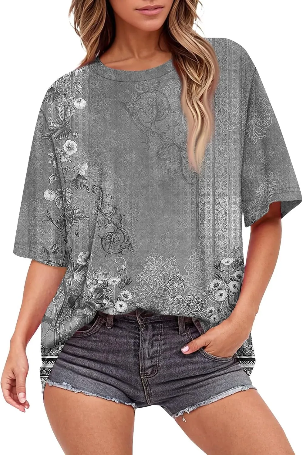 Summer Tops for Women Short Sleeve Crewneck Oversized T Shirts Trendy Solid/Flower Printed Beach Vacation Clothes