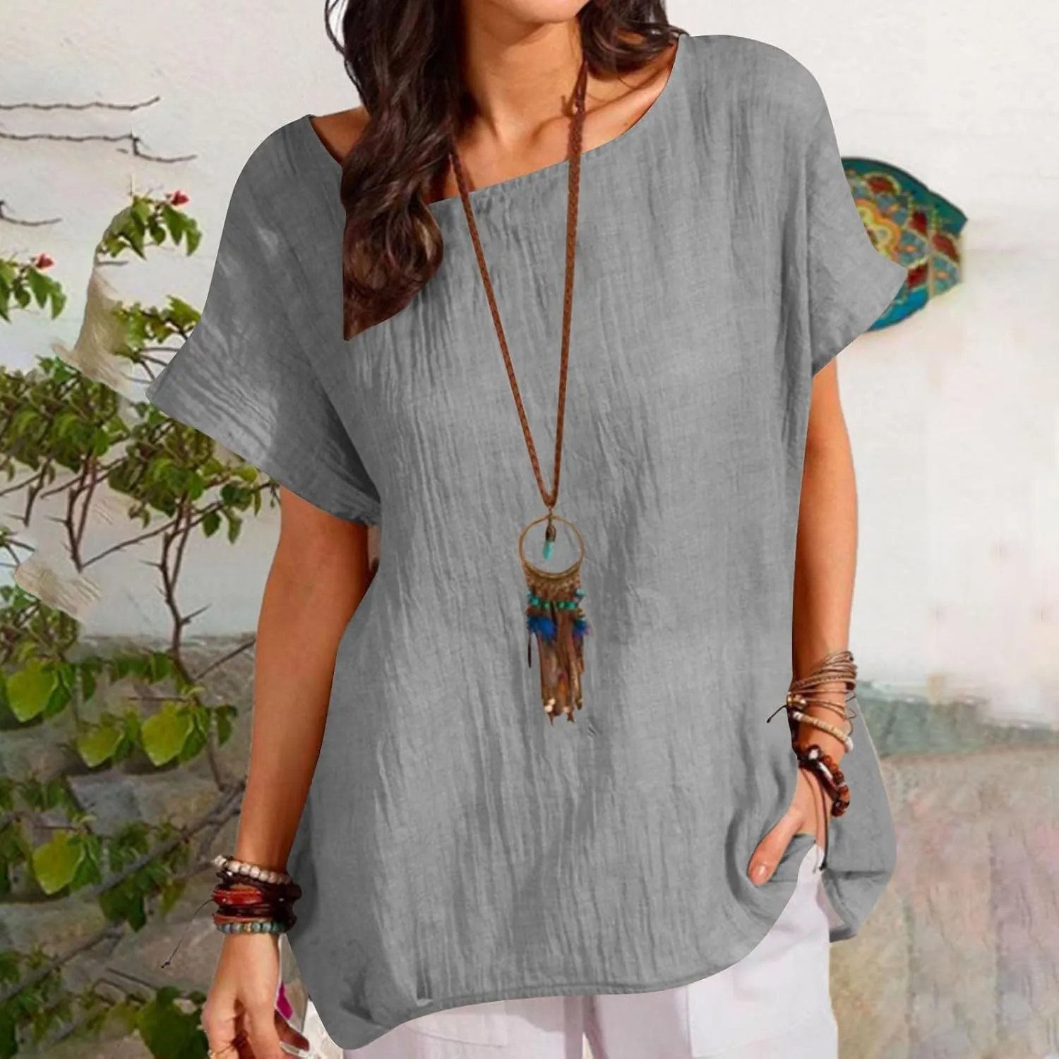 Summer Tops for Women Short Sleeve Crewneck T Shirts Casual Loose Plain Blouse Tees