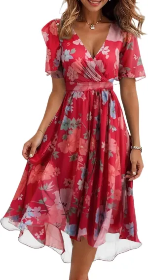 Sundress for Women 2025 Summer Trendy Floral Boho Wrap Dresses Casual V Neck Short Sleeve Chiffon Flowy Beach Dress