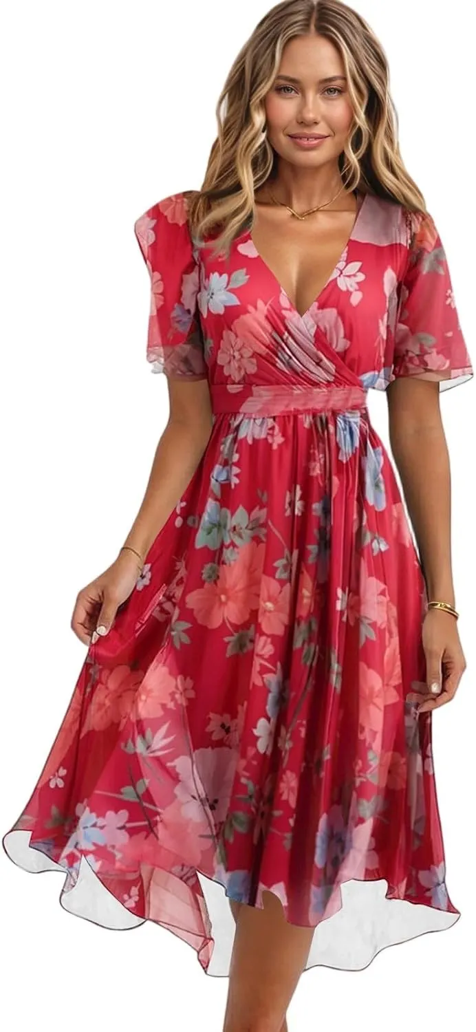 Sundress for Women 2025 Summer Trendy Floral Boho Wrap Dresses Casual V Neck Short Sleeve Chiffon Flowy Beach Dress