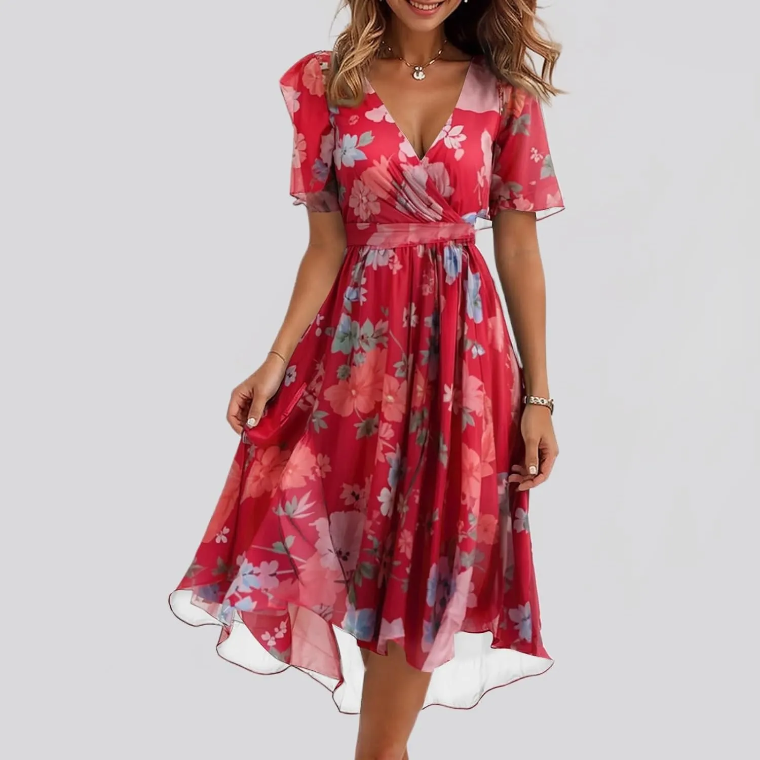 Sundress for Women 2025 Summer Trendy Floral Boho Wrap Dresses Casual V Neck Short Sleeve Chiffon Flowy Beach Dress