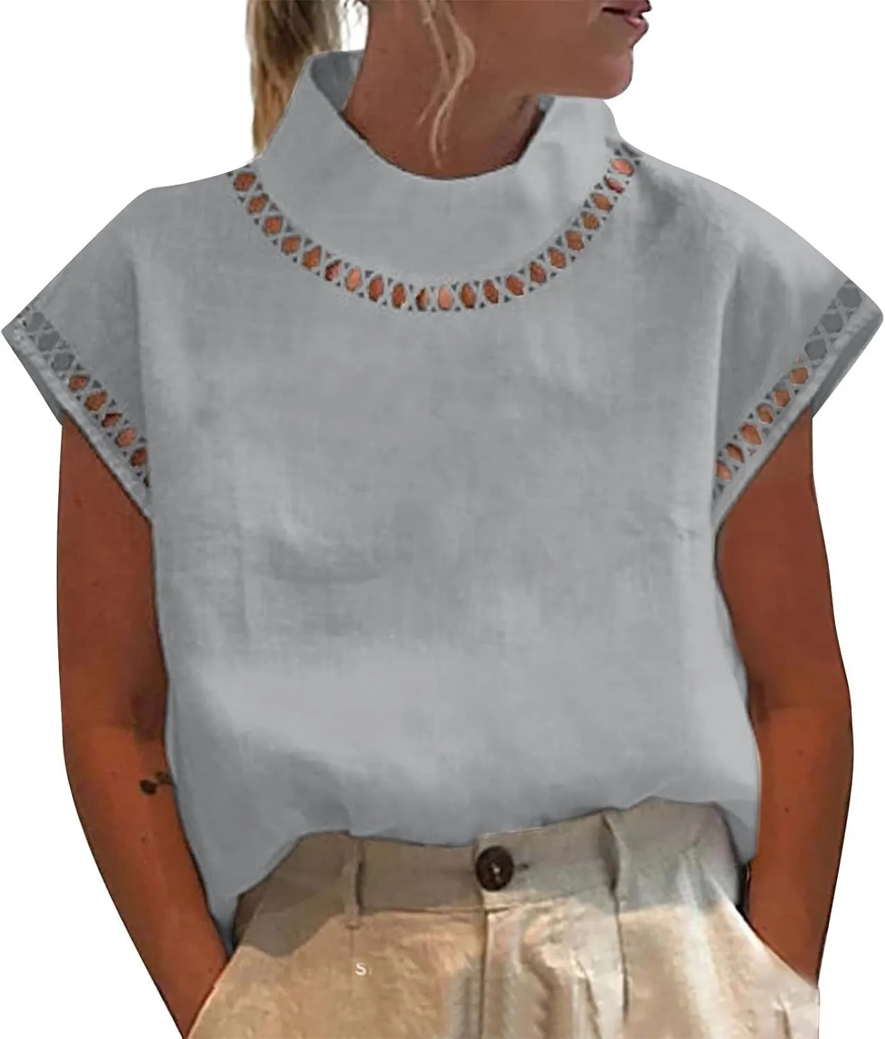 T Shirt for Women Fall Winter Cap Sleeve High Neck Linen Loose Fit Long Cardigan Plain Tops T Shirt Women 2024