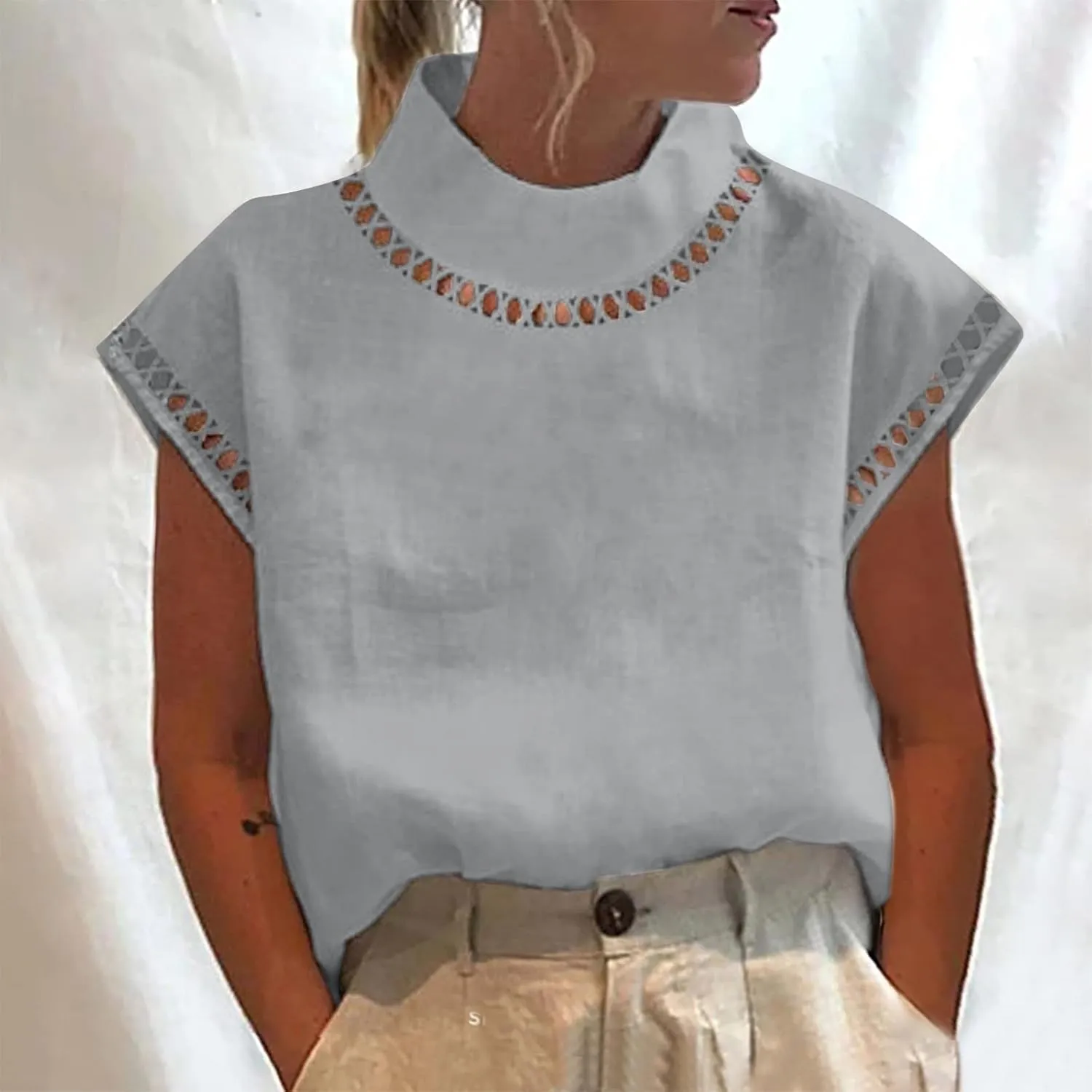 T Shirt for Women Fall Winter Cap Sleeve High Neck Linen Loose Fit Long Cardigan Plain Tops T Shirt Women 2024