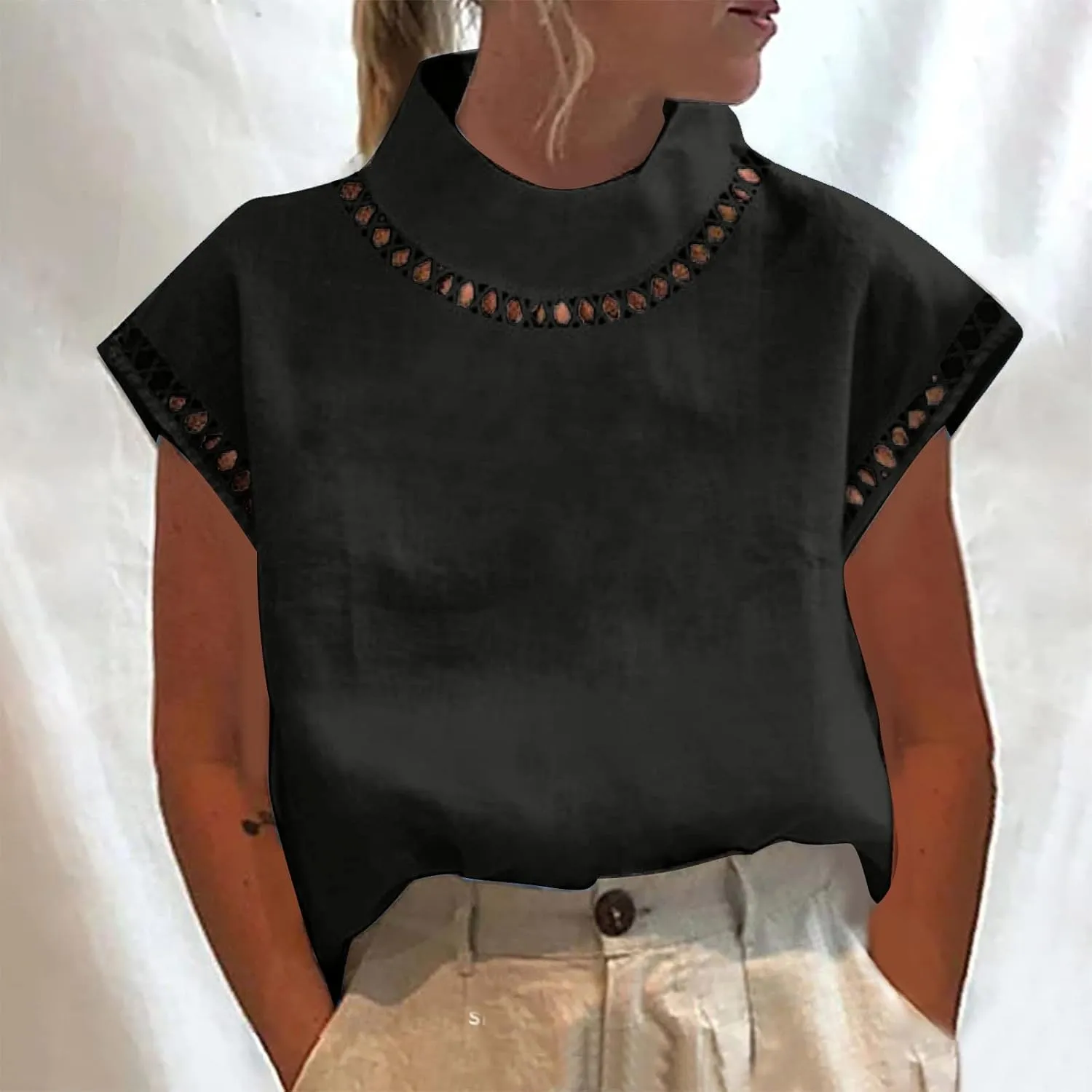 T Shirt for Women Fall Winter Cap Sleeve High Neck Linen Loose Fit Long Cardigan Plain Tops T Shirt Women 2024