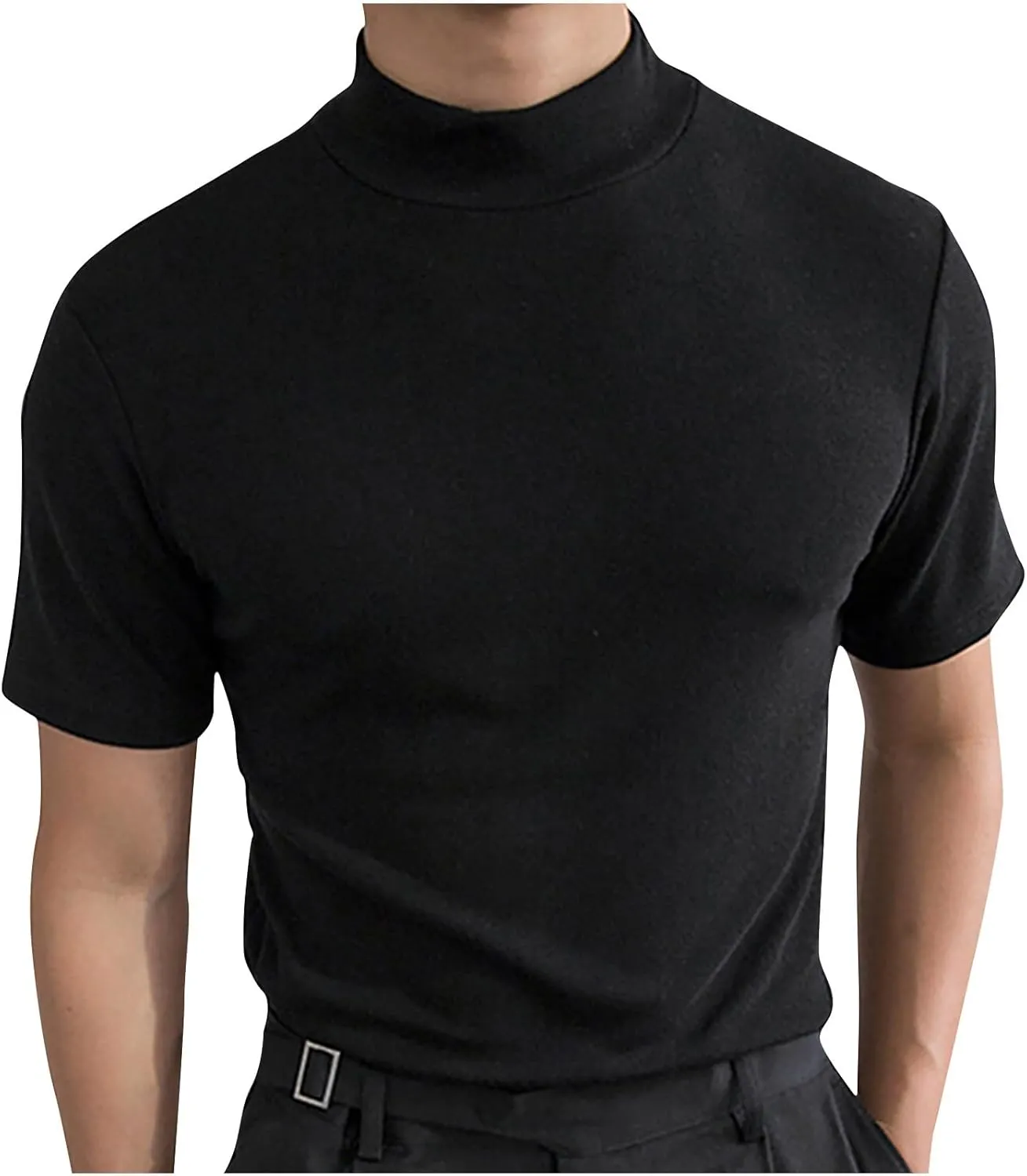Uillui Men's Baselayer Cotton Stretch Mock Neck Tee Turtleneck Sweater Short Sleeve Basic Slim Fit Knitted Pullover Shirts