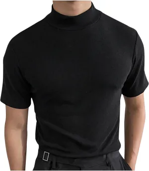 Uillui Men's Baselayer Cotton Stretch Mock Neck Tee Turtleneck Sweater Short Sleeve Basic Slim Fit Knitted Pullover Shirts