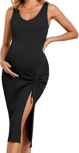 V FOR CITY Maternity Dress Sleeveless Casual Dresses for Women Knit Bodycon V Neck Pregnant Slit Drawstring Spring Summer