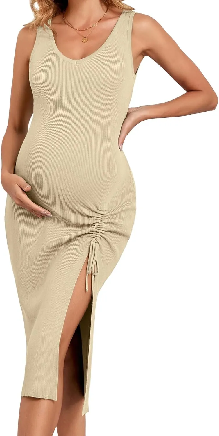 V FOR CITY Maternity Dress Sleeveless Casual Dresses for Women Knit Bodycon V Neck Pregnant Slit Drawstring Spring Summer