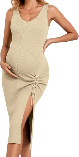 V FOR CITY Maternity Dress Sleeveless Casual Dresses for Women Knit Bodycon V Neck Pregnant Slit Drawstring Spring Summer