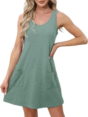 Vacation Dresses for Women 2025 Casual Sleeveless Sexy Wrap Short Dresses V Neck Solid Sundress Mini Flowy Dress