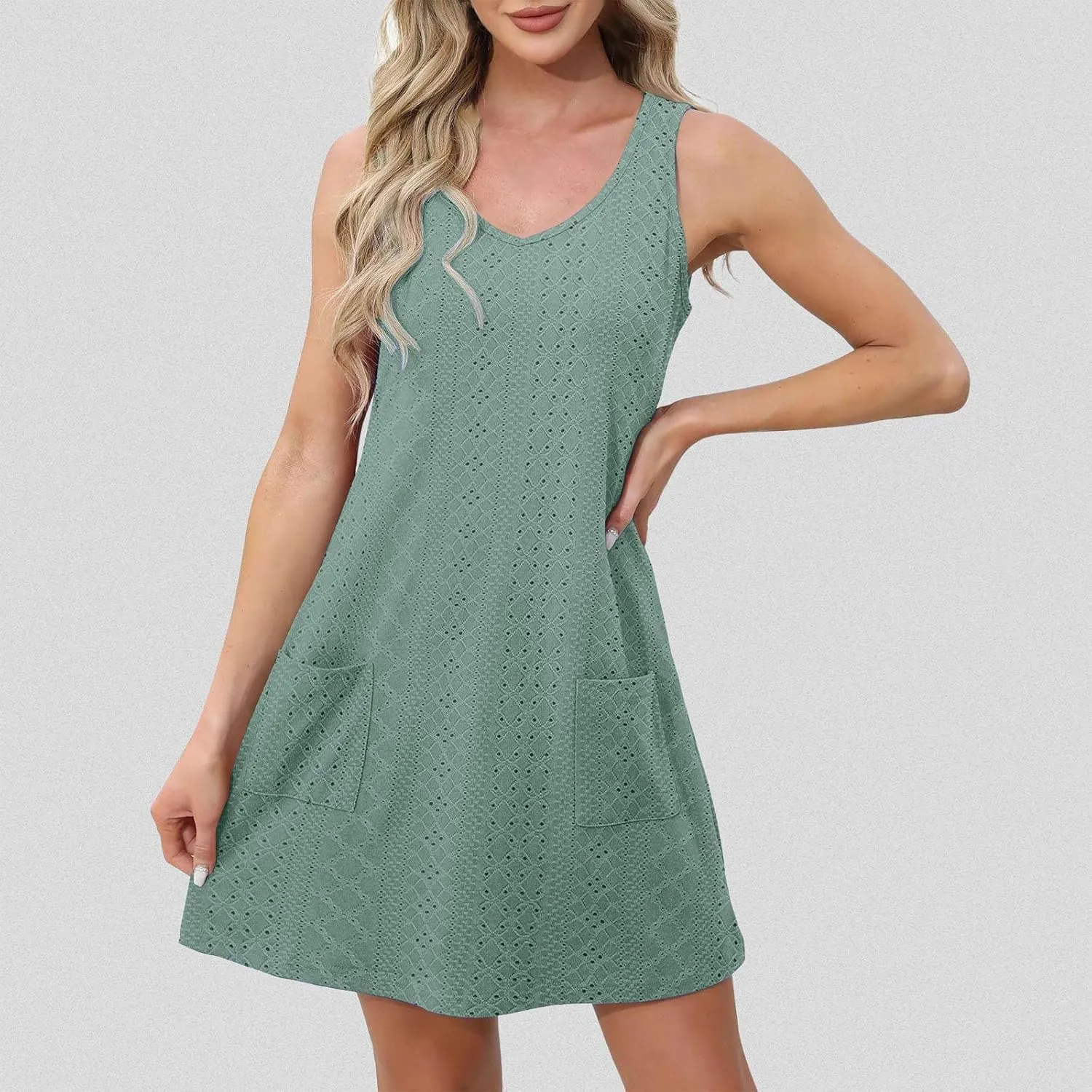 Vacation Dresses for Women 2025 Casual Sleeveless Sexy Wrap Short Dresses V Neck Solid Sundress Mini Flowy Dress