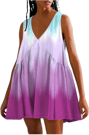 Vacation Dresses for Women 2025 Sleeveless V Neck Tiered Swing Dress Casual Going Out Short Sundress with Pockets