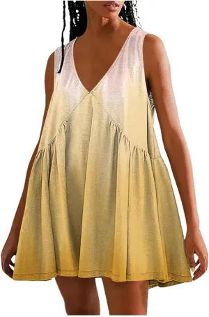 Vacation Dresses for Women 2025 Sleeveless V Neck Tiered Swing Dress Casual Going Out Short Sundress with Pockets