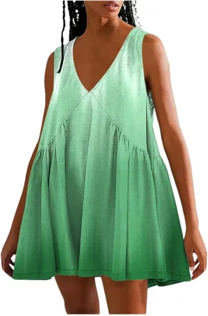 Vacation Dresses for Women 2025 Sleeveless V Neck Tiered Swing Dress Casual Going Out Short Sundress with Pockets