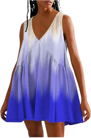 Vacation Dresses for Women 2025 Sleeveless V Neck Tiered Swing Dress Casual Going Out Short Sundress with Pockets