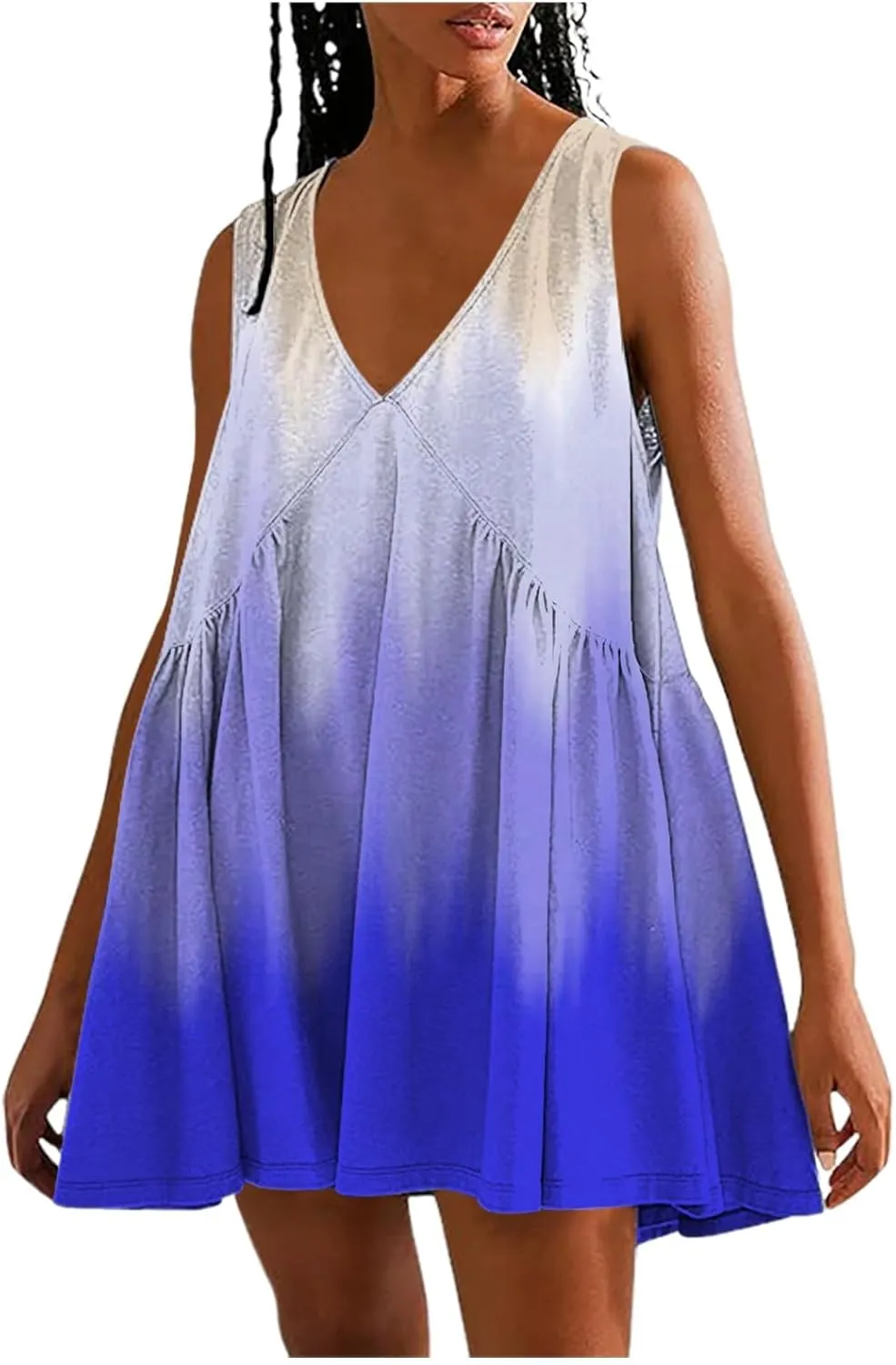 Vacation Dresses for Women 2025 Sleeveless V Neck Tiered Swing Dress Casual Going Out Short Sundress with Pockets