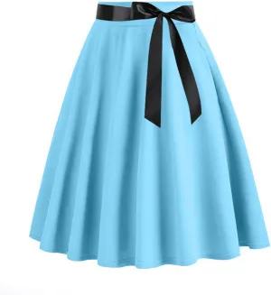 Vintage High Waist A Line Skirt for Women Retro Swing Midi Skirts with Satin Bow Elegant Tea Skirt
