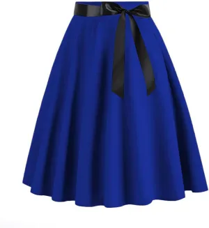 Vintage High Waist A Line Skirt for Women Retro Swing Midi Skirts with Satin Bow Elegant Tea Skirt