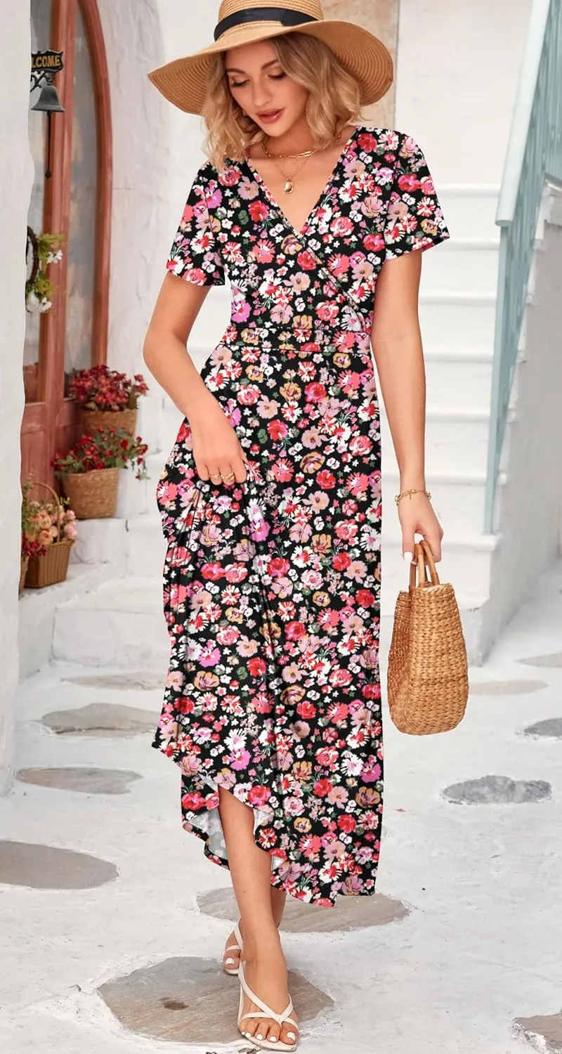 WNEEDU Women's Summer Maxi Dress Short Sleeves Wrap V Neck Long Dresses with Pockets