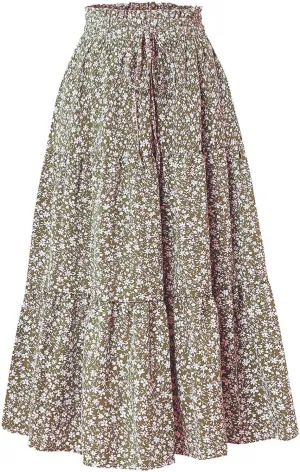 Women Boho Floral Maxi Skirt Elastic High Waist Tiered Pleated Flowy Long Summer Casual Beach Skirt