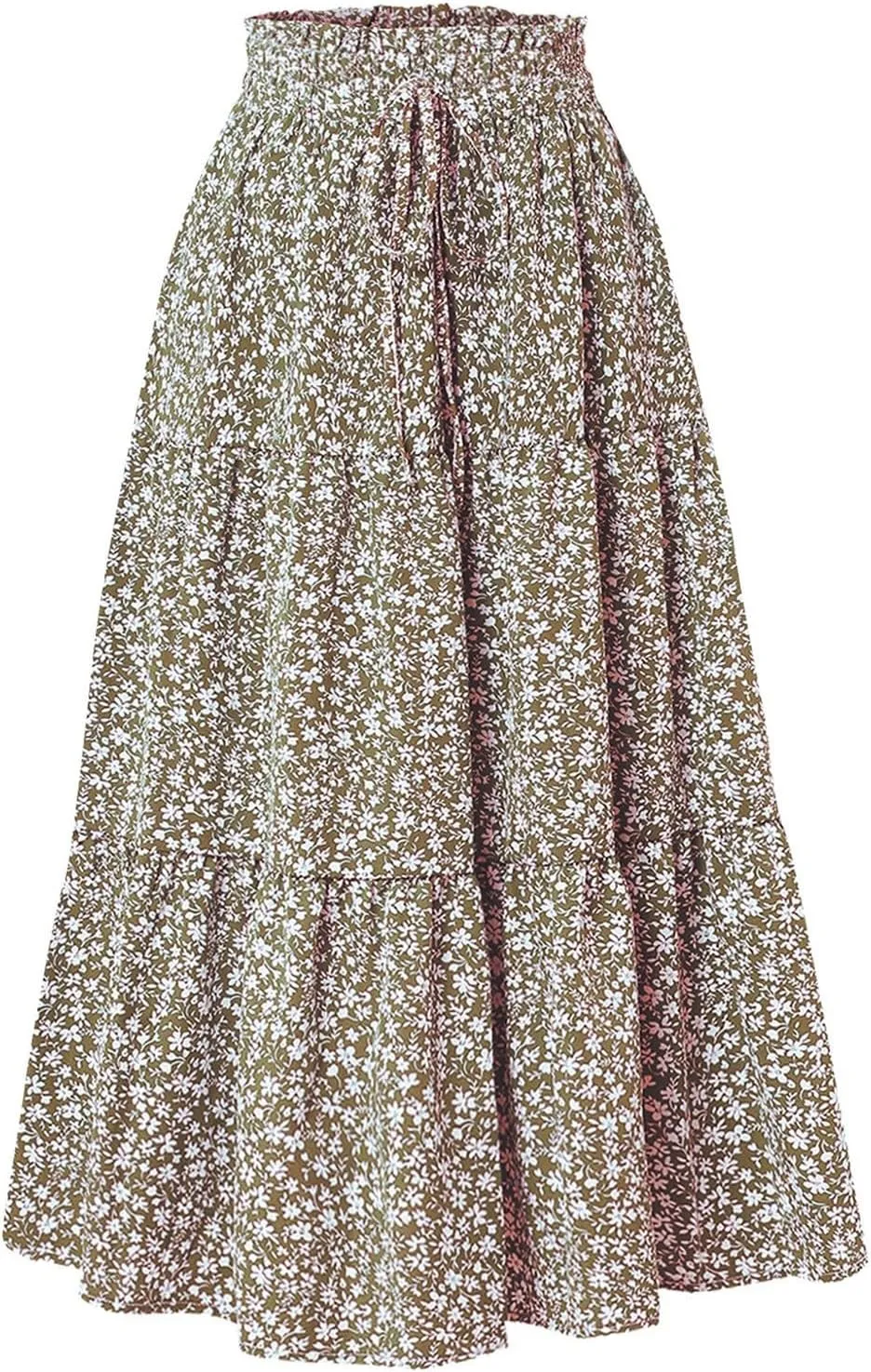 Women Boho Floral Maxi Skirt Elastic High Waist Tiered Pleated Flowy Long Summer Casual Beach Skirt