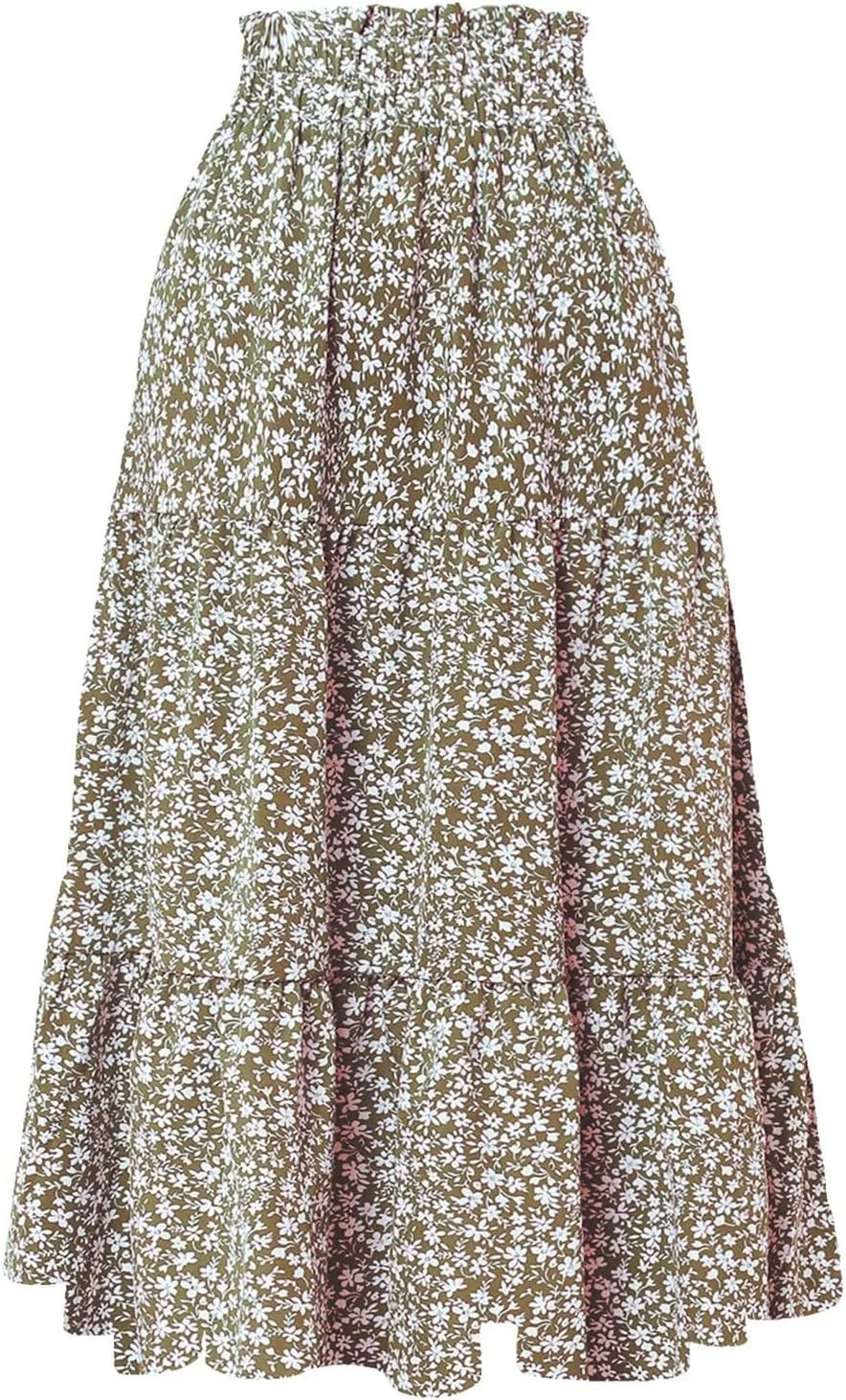 Women Boho Floral Maxi Skirt Elastic High Waist Tiered Pleated Flowy Long Summer Casual Beach Skirt