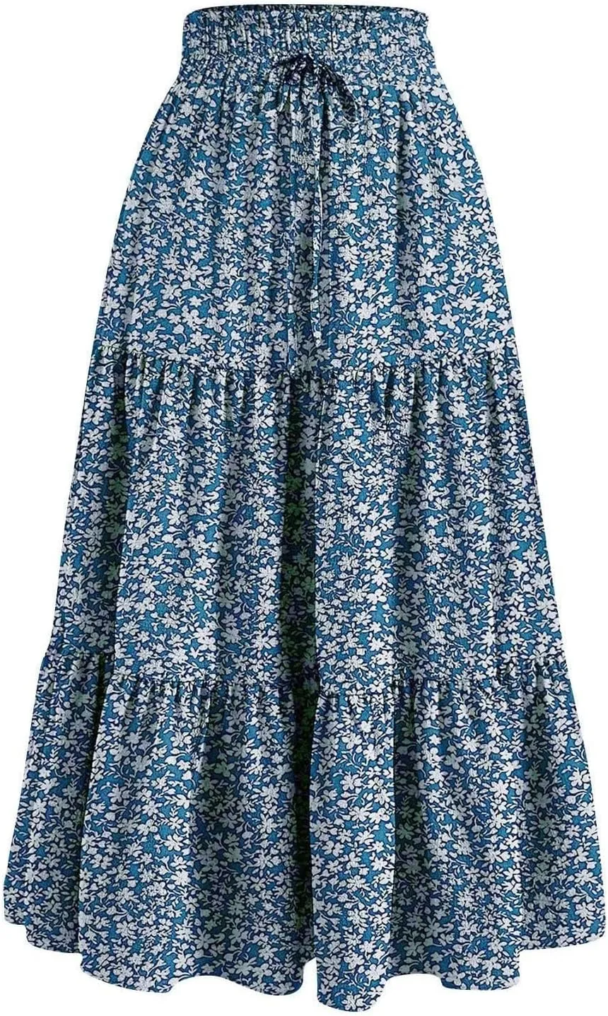 Women Boho Floral Summer Maxi Skirt Elastic High Waist Tiered Pleated Flowy Long Casual Beach Skirt