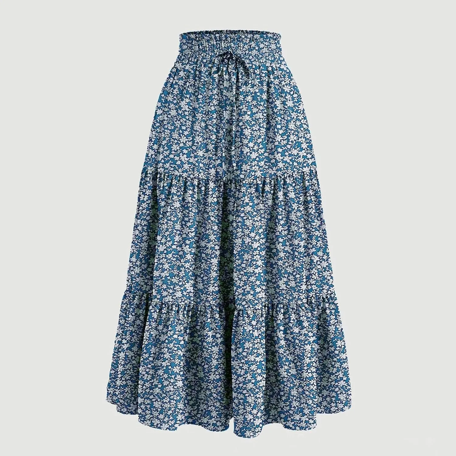 Women Boho Floral Summer Maxi Skirt Elastic High Waist Tiered Pleated Flowy Long Casual Beach Skirt