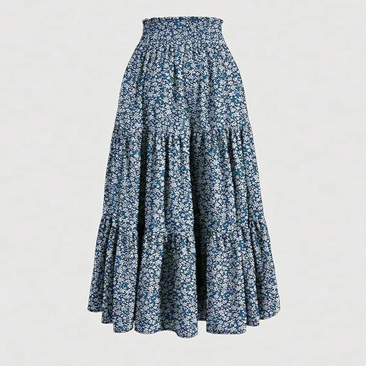 Women Boho Floral Summer Maxi Skirt Elastic High Waist Tiered Pleated Flowy Long Casual Beach Skirt