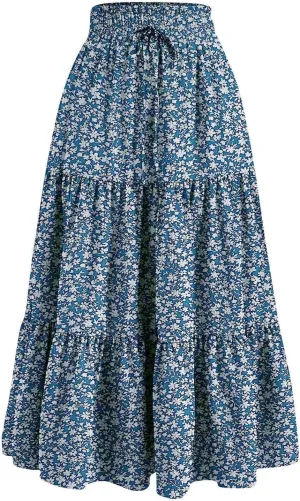 Women Boho Floral Summer Maxi Skirt Elastic High Waist Tiered Pleated Flowy Long Casual Beach Skirt
