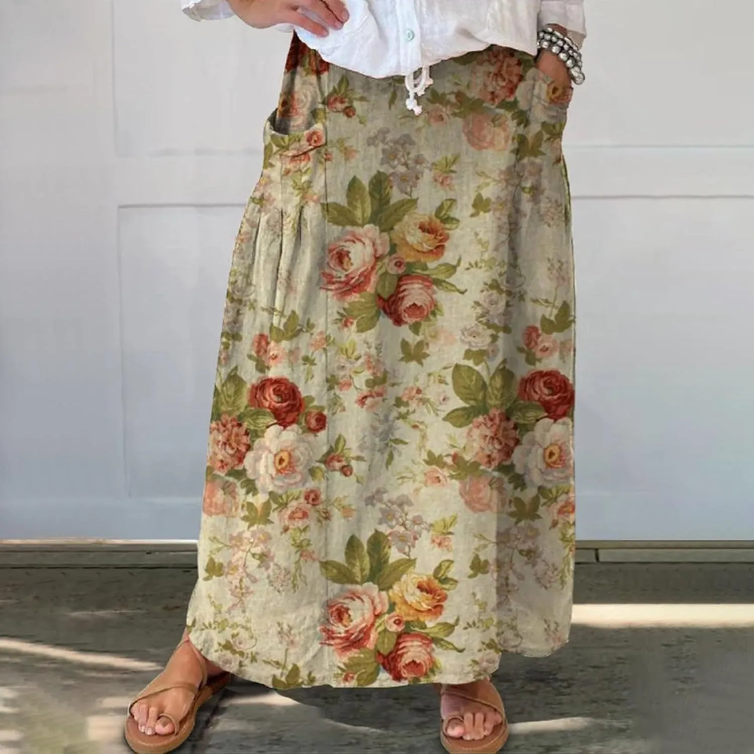 Women Casual Flowy Long Skirts Boho Floral Elastic High Waist Tiered Pleated Summer Maxi Beach Skirt