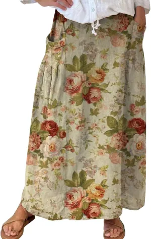 Women Casual Flowy Long Skirts Boho Floral Elastic High Waist Tiered Pleated Summer Maxi Beach Skirt