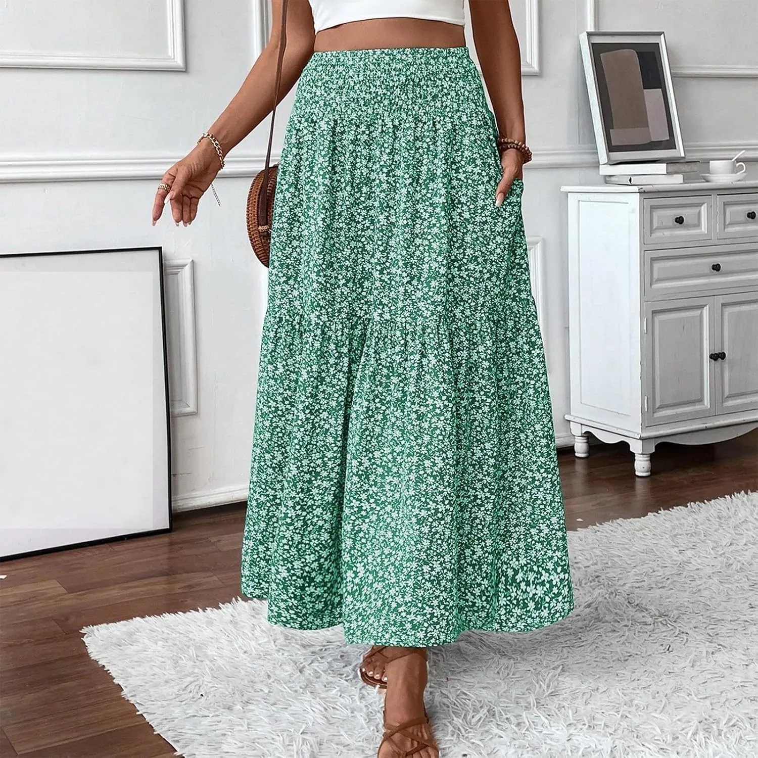 Women Casual Summer Boho Floral Maxi Skirt Elastic High Waist Tiered Pleated Flowy Long Beach Skirt