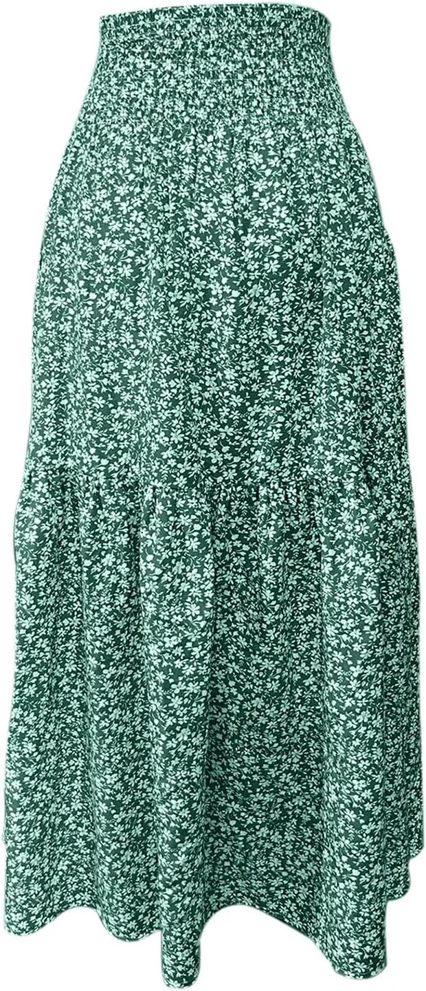 Women Casual Summer Boho Floral Maxi Skirt Elastic High Waist Tiered Pleated Flowy Long Beach Skirt