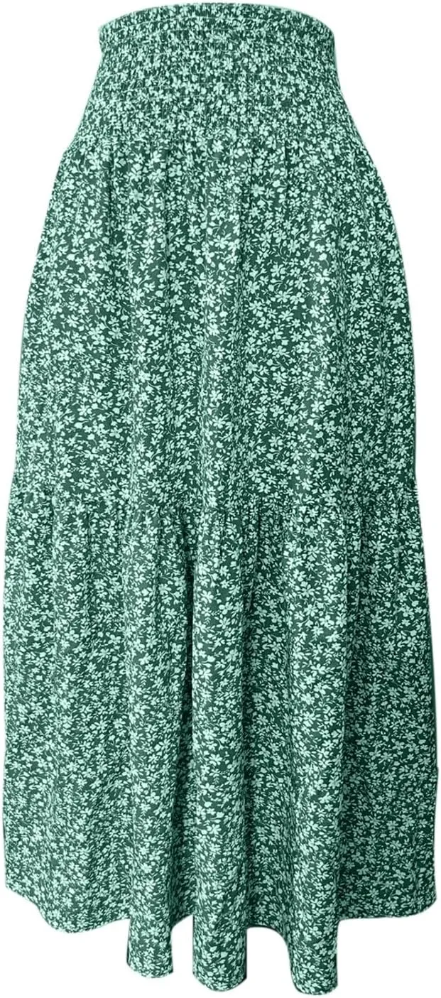 Women Casual Summer Boho Floral Maxi Skirt Elastic High Waist Tiered Pleated Flowy Long Beach Skirt