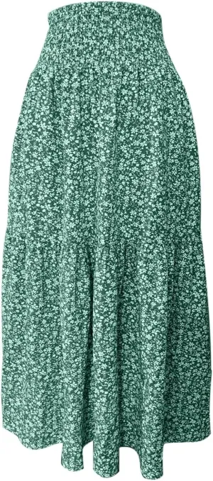 Women Casual Summer Boho Floral Maxi Skirt Elastic High Waist Tiered Pleated Flowy Long Beach Skirt