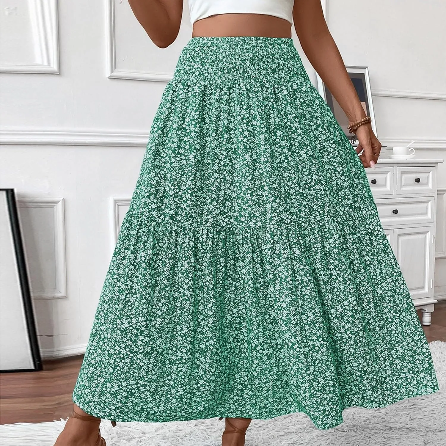 Women Casual Summer Boho Floral Maxi Skirt Elastic High Waist Tiered Pleated Flowy Long Beach Skirt