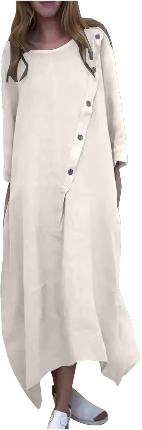 Women Cotton Linen Kaftan Dress 3/4 Sleeve Crewneck Shift Dresses Summer Oversized Tshirt Robe Irregular Hem Maxi Dress